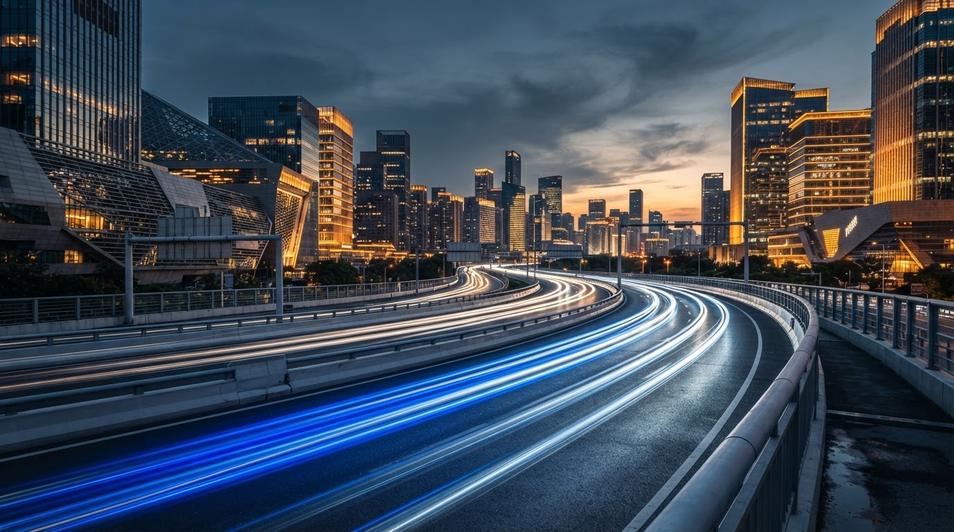 Light trails on a modern highway at dusk